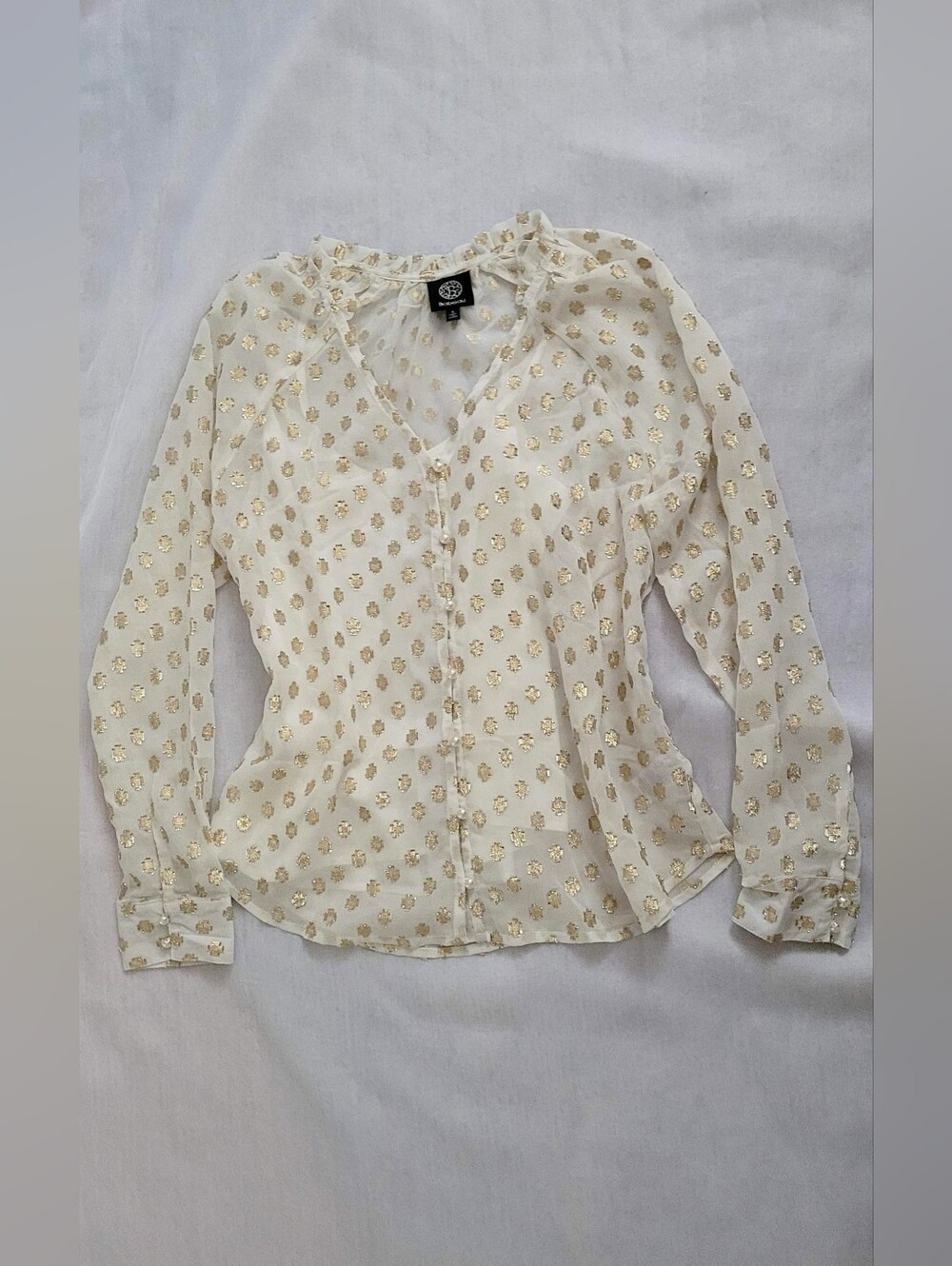 NWOT! Polka Dot Fall Top Gold Foil Pearl Embellished Women's Sheer Blouse Small - Picture 15 of 17